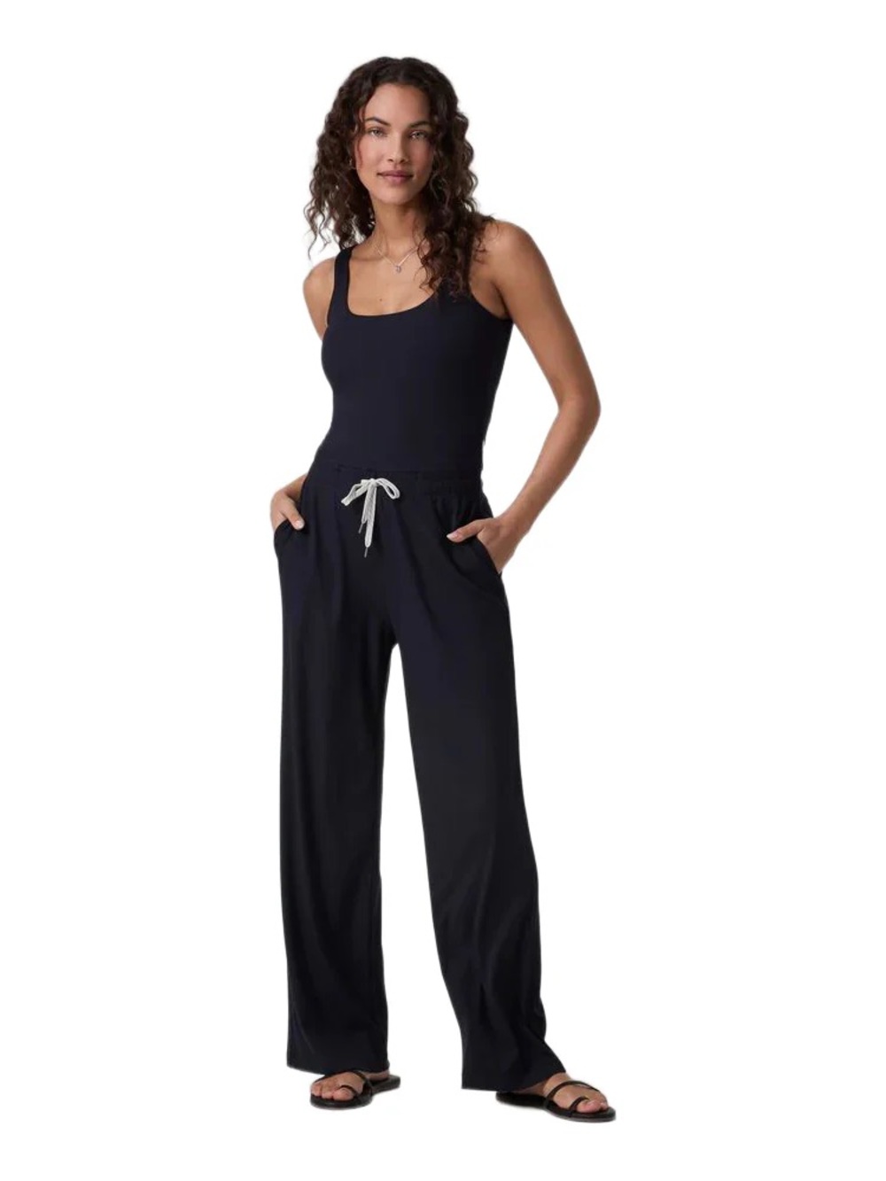 Sleeveless Scoop Neck Jumpsuit in Navy with Drawstring